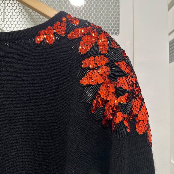 Vintage 80's Sweater Black Red Sequins Floral Dolman - Picture 3 of 7
